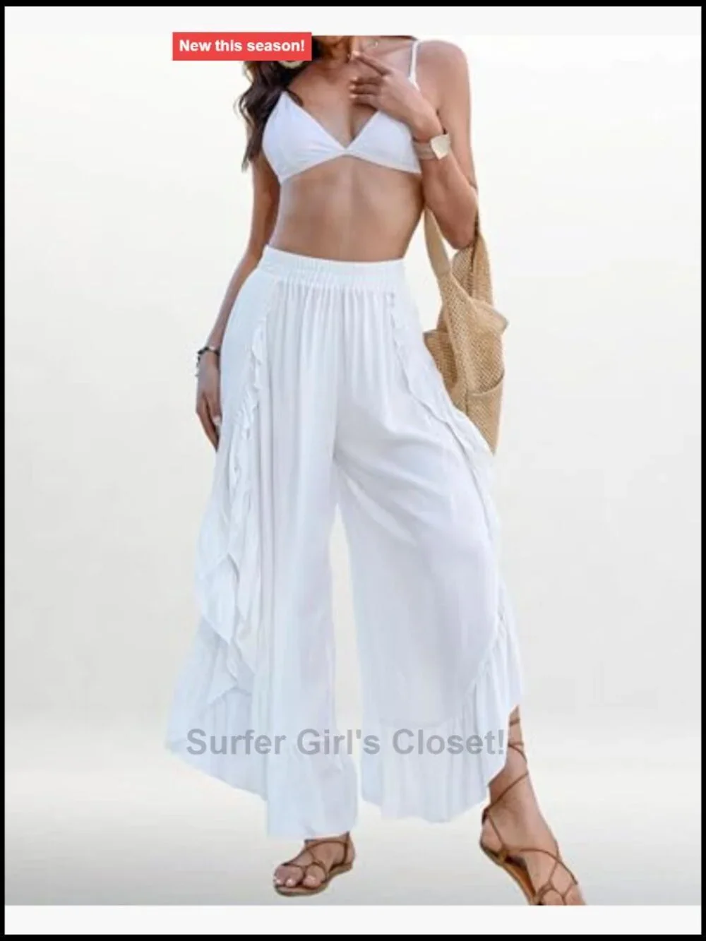Wide Leg Beach Cover Up Pants with Ruffles and High Slit